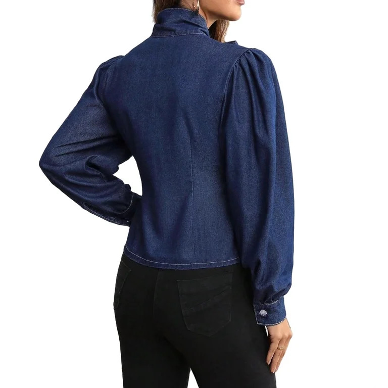 Women's Elegant Plain Shirt Tie Neck Dark Wash Long Sleeve Denim Tops XS (2) | Walmart (US)