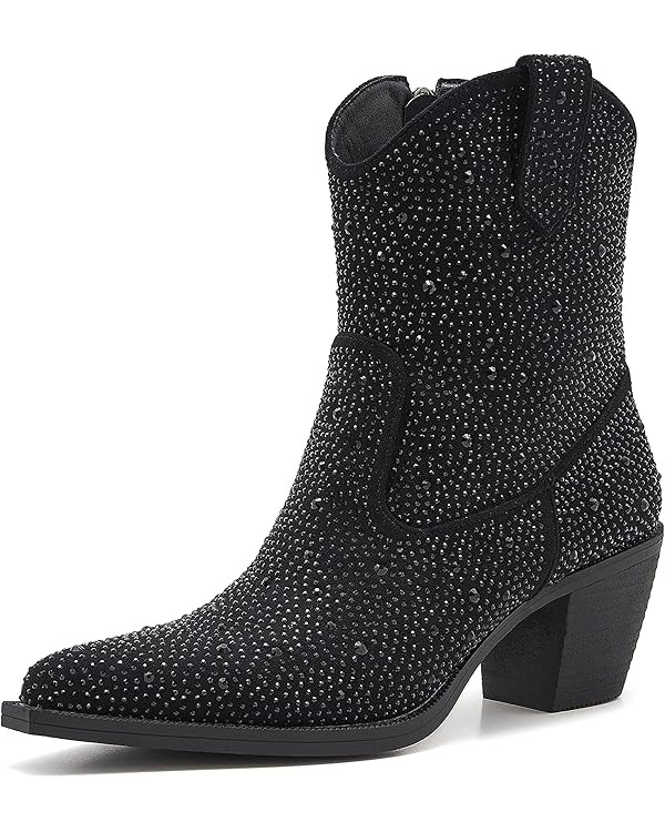 Women's Rhinestone Cowboy Boots Thick Root High Heel Pointed Toe Sparkling Cowgirl Boots | Amazon (US)