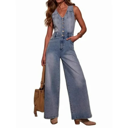 Women'S Denim Overalls Jumpsuits Sleeveless Button Down V Neck Wide Leg Jeans Long Pants Rompers Light Blue L | Walmart (US)
