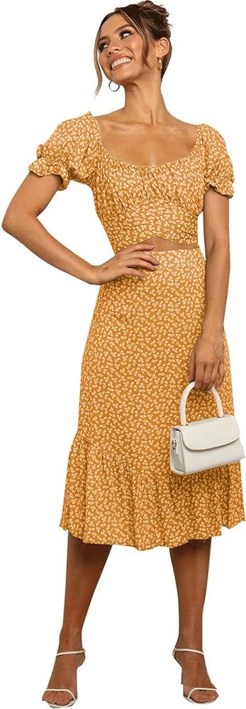 LYANER Women's 2 Piece Outfits Floral Self Tie Knot Crop Top and Midi Skirt Set | Amazon (US)