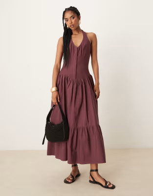 ASOS DESIGN poplin linen hybrid halter maxi dress in deep grape | ASOS (Global)
