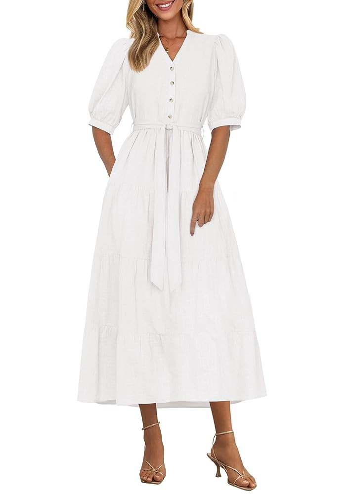 PRETTYGARDEN Summer Dresses for Women 2025 Elegant Classy Short Sleeve V Neck Ruffle A Line Belte... | Amazon (US)