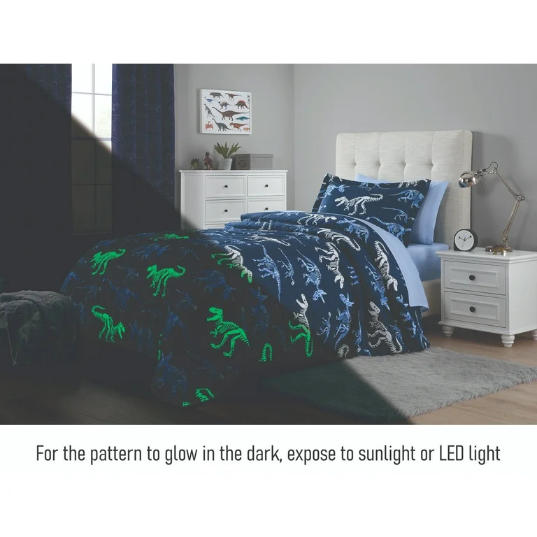 Your Zone Glow in the Dark 5-Piece Dinosaur Bedding Set for Kids with Fabric Storage Bag, Twin | Walmart (US)