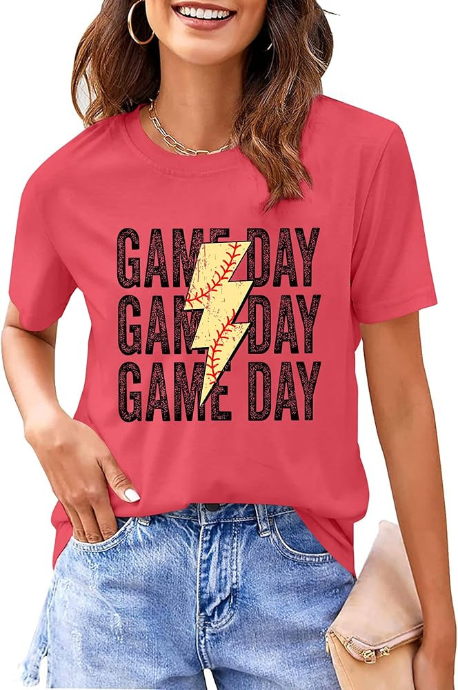Game Day Shirts Women Softball Mom T Shirt Football Tee Shirt Ball Lightning Graphic Short Sleeve... | Amazon (US)