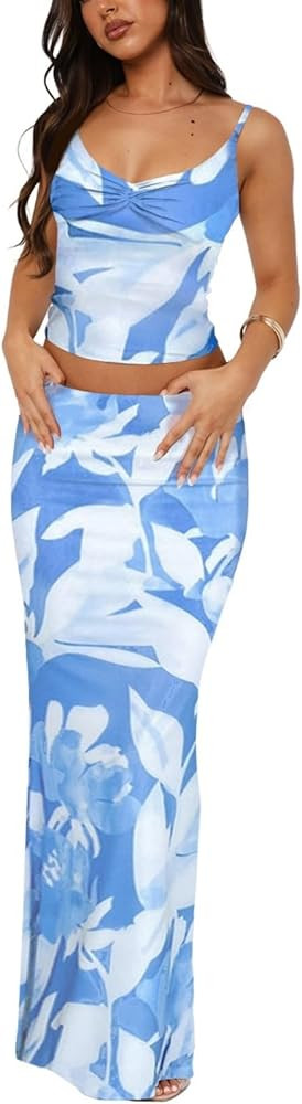 Two Piece Skirt Set for Women - Sexy Sleeveless Spaghetti Strap Pleated Tank Top Maxi Long Skirts... | Amazon (US)