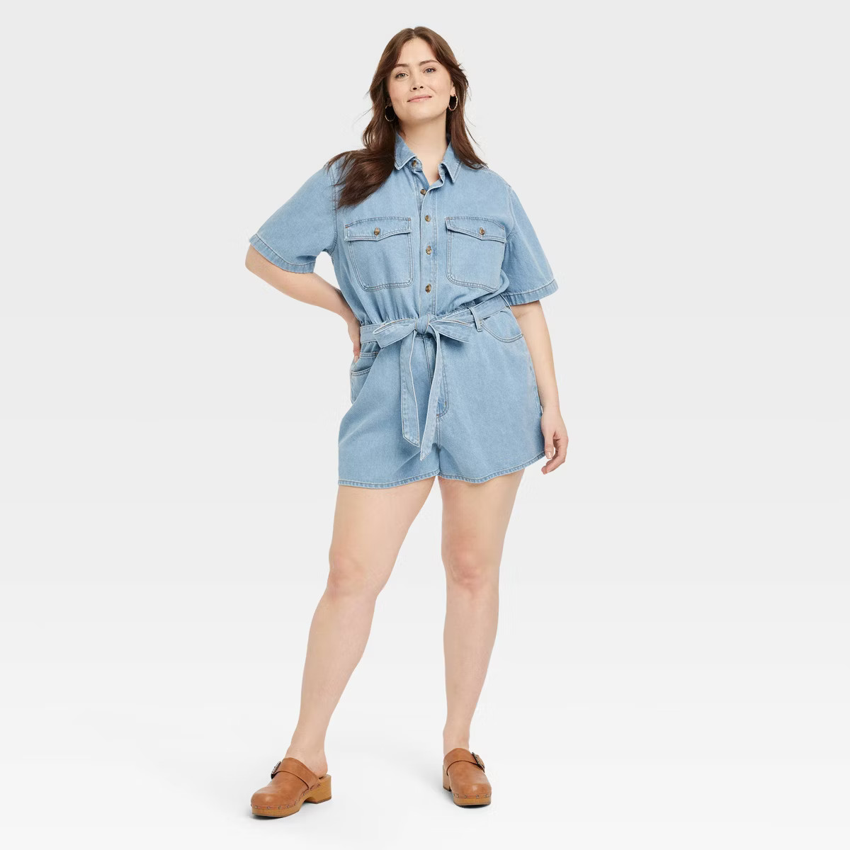 Women's Elbow Sleeve Romper - Universal Thread™ Light Wash | Target