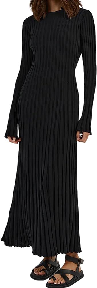 JEIBKOUY Women Ruched Pleated Ribbed Knit Long Dress Crew Neck Long Sleeve Maxi Bodycon Skirt Cau... | Amazon (US)