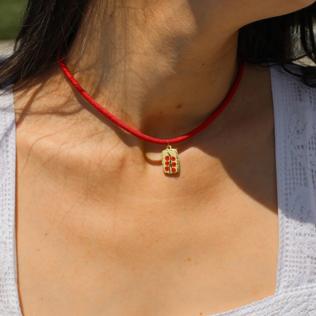 Tomato Vine Hand Painted Enamel Charm Necklace | Nickel and Suede