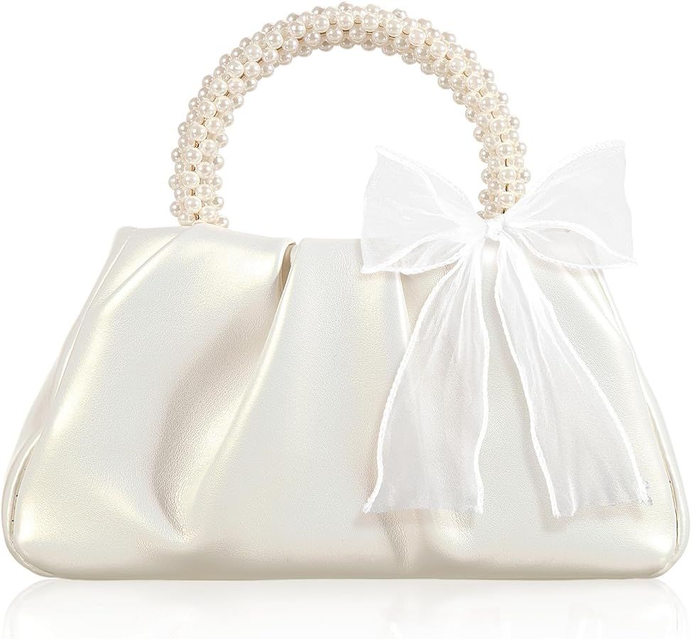 Pearl Evening Purse Pearl Evening Handbag Soft Leather Ruched Clutch Wedding Party Crossbody Bag ... | Amazon (US)