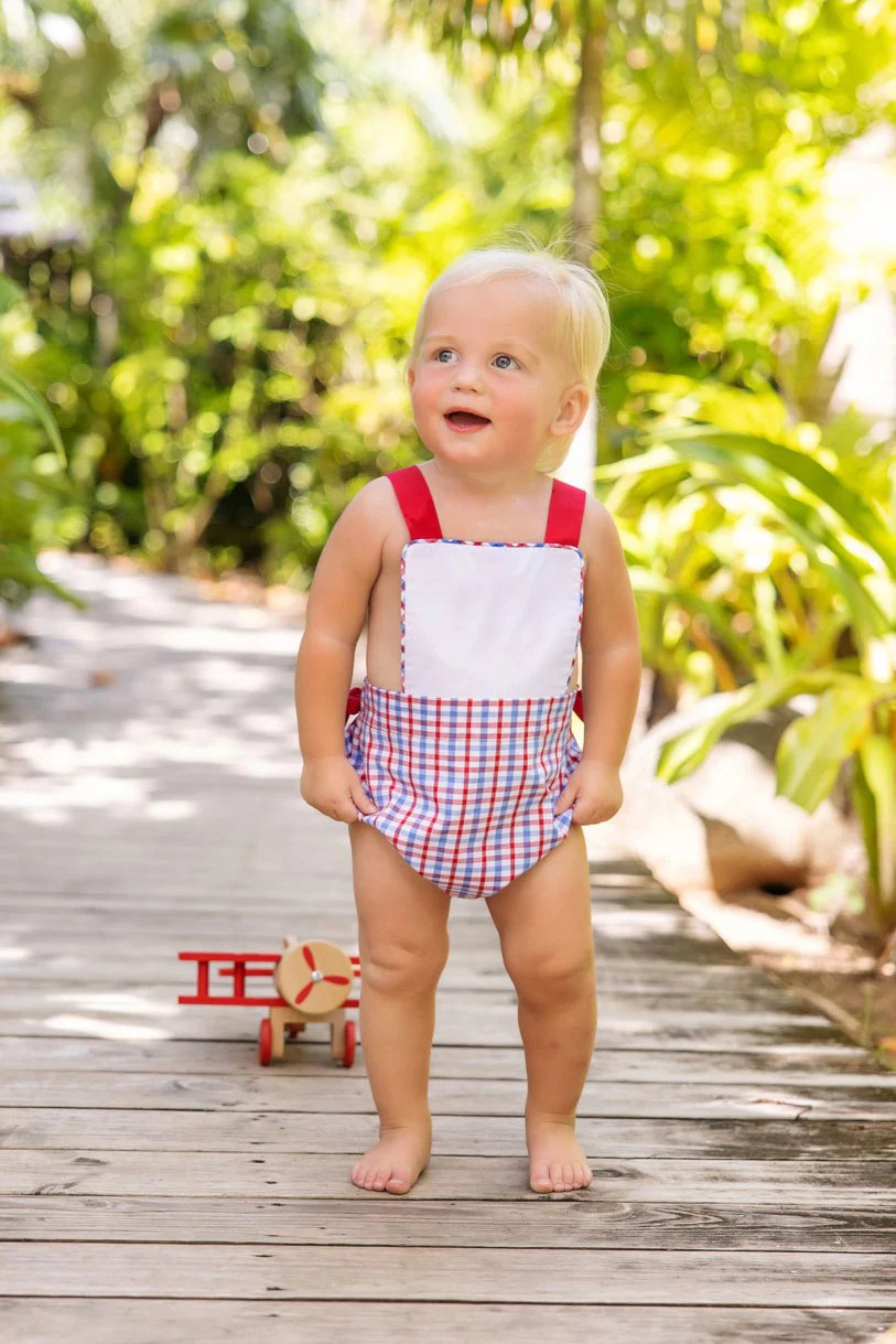 Sayre Sunsuit - Provincetown Plaid with Richmond Red and Worth Avenue White | The Beaufort Bonnet Company