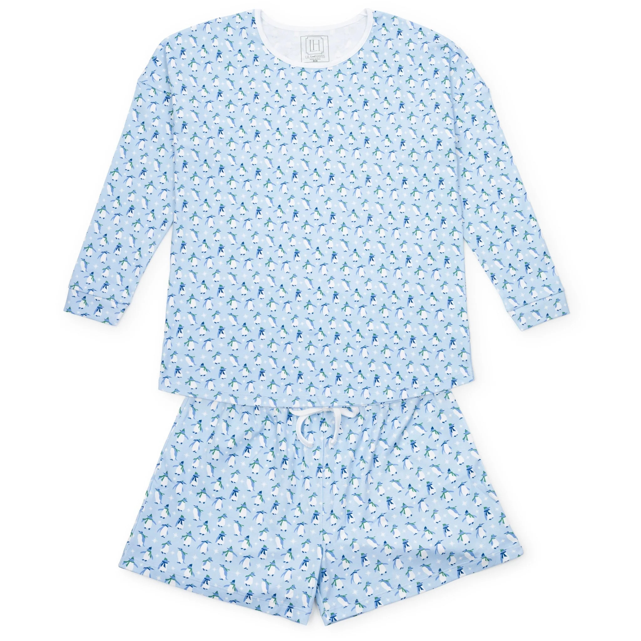 Anna Women's Longsleeve Short Set - Penguin Party Blue | Lila and Hayes