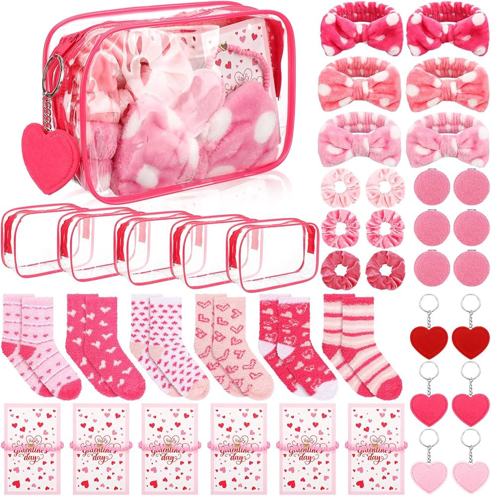 48 Pcs Galentine's Day Gifts Valentine's Pink Gift for Women Include Fluffy Socks Compact Mirrors... | Amazon (US)
