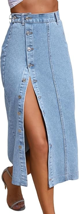 Trendy High Waisted Denim Skirt for Women Button Front Slit Midi Skirt for Ladies Fashion 2025 Su... | Amazon (US)
