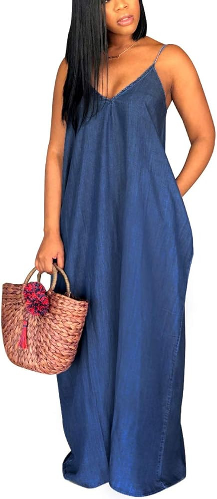 Women's Sexy Maxi Long Dresses Casual Spaghetti Strap Floor Length Plus Size Long Sundress with P... | Amazon (US)