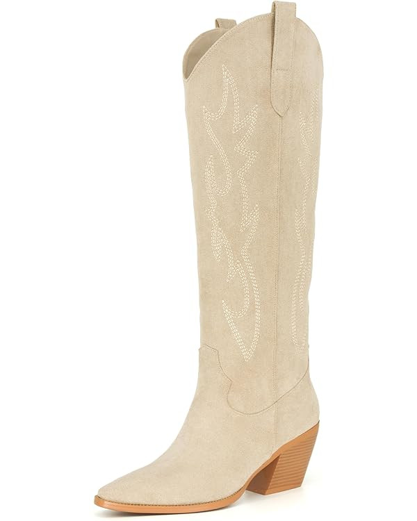 iiimmu Cowgirl Boots Women Knee High Boots Pointed Toe and Block Heel Cowboy Suede Boots with Emb... | Amazon (US)