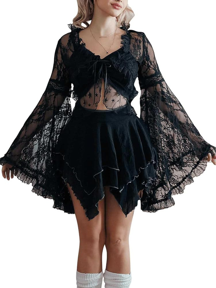 Floerns Women's Sheer Mesh Bell Long Sleeve Neck Self Tie Front Crop Blouse Top | Amazon (US)