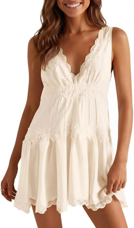 Wenrine Womens Summer Sleeveless Mini Dress Casual Satin Lace V Neck Tiered Ruffle Loose Sexy A L... | Amazon (US)