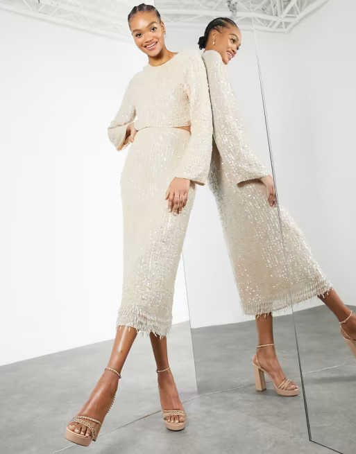 ASOS EDITION sequin & crystal fringe cream midi skirt set  | ASOS | ASOS (Global)