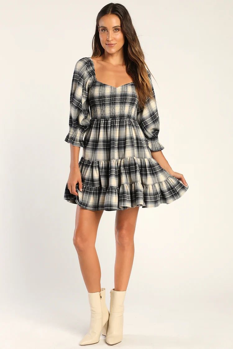 No One Cuter Navy and White Plaid Puff Sleeve Tiered Mini Dress | Lulus (US)