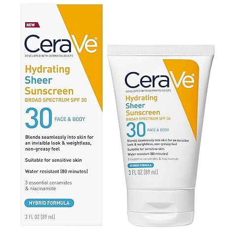 CeraVe Hydrating Sheer Sunscreen with SPF 30 for Face and Body, Mineral & Chemical Sunscreen for ... | Amazon (US)