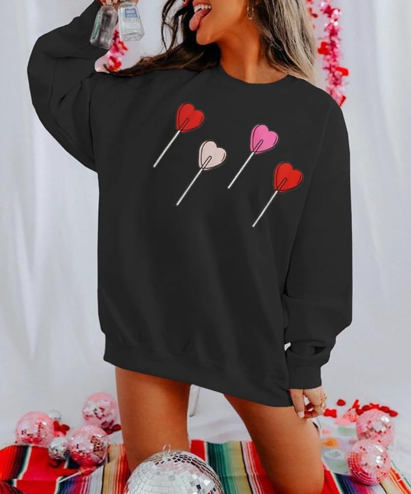 KEKEMI Women Valentine's Day Sweatshirt Cute Love Heart Lollipop Graphic Shirt Casual Long Sleeve... | Amazon (US)
