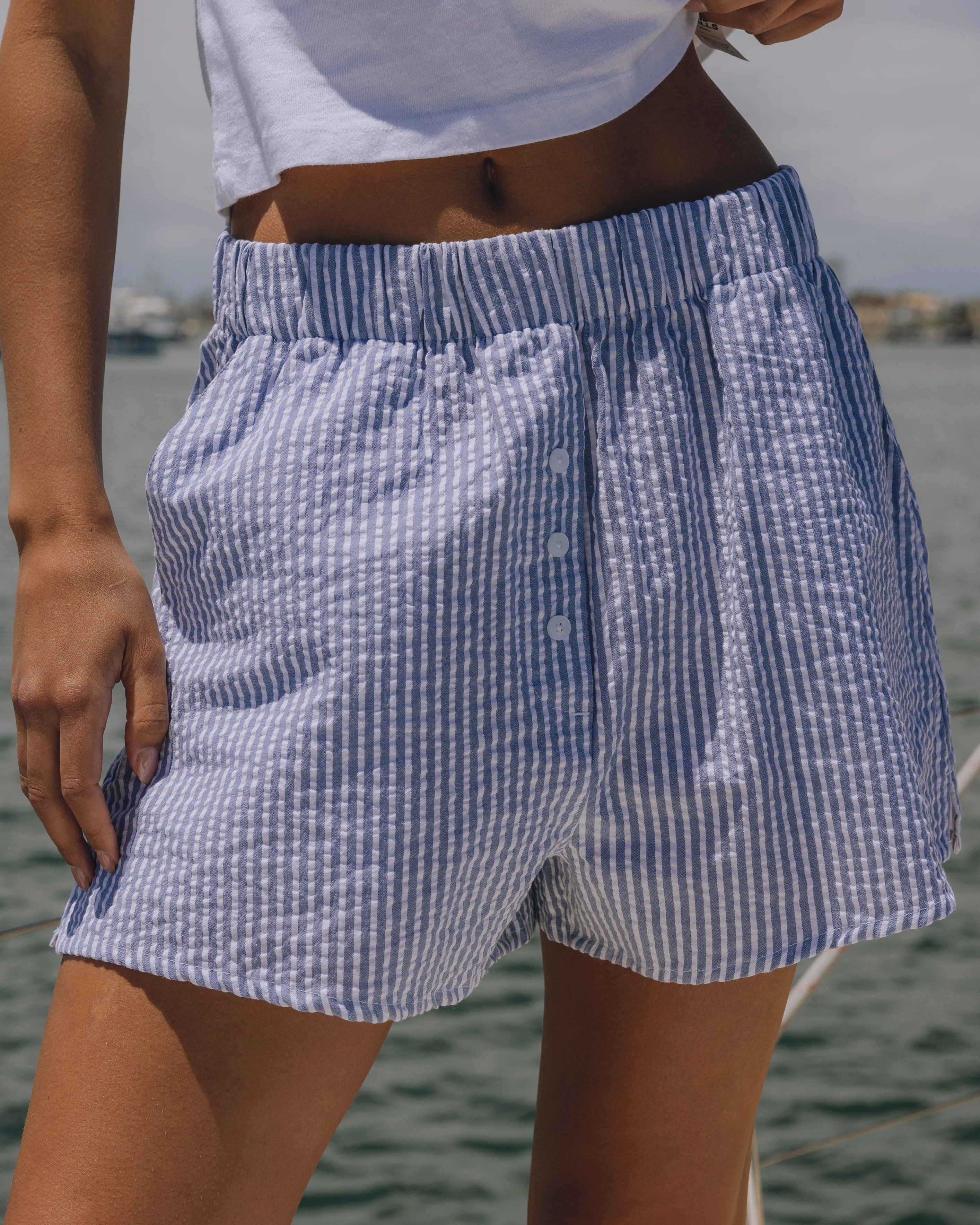 Seersucker Resort Shorts - Light Blue + White Stripe | Daily Drills LLC