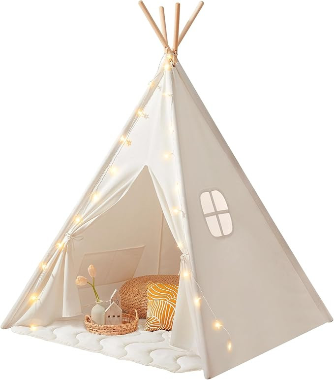 Tiny Land Teepee Tent for Kids – 100% Cotton Play Tent with Padded Mat & Star Lights, Foldable ... | Amazon (US)