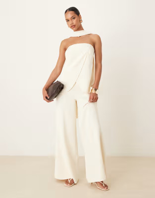 ASOS DESIGN tailored bandeau top with scarf detail and palazzo trousers co-ord in buttermilk | ASOS (Global)