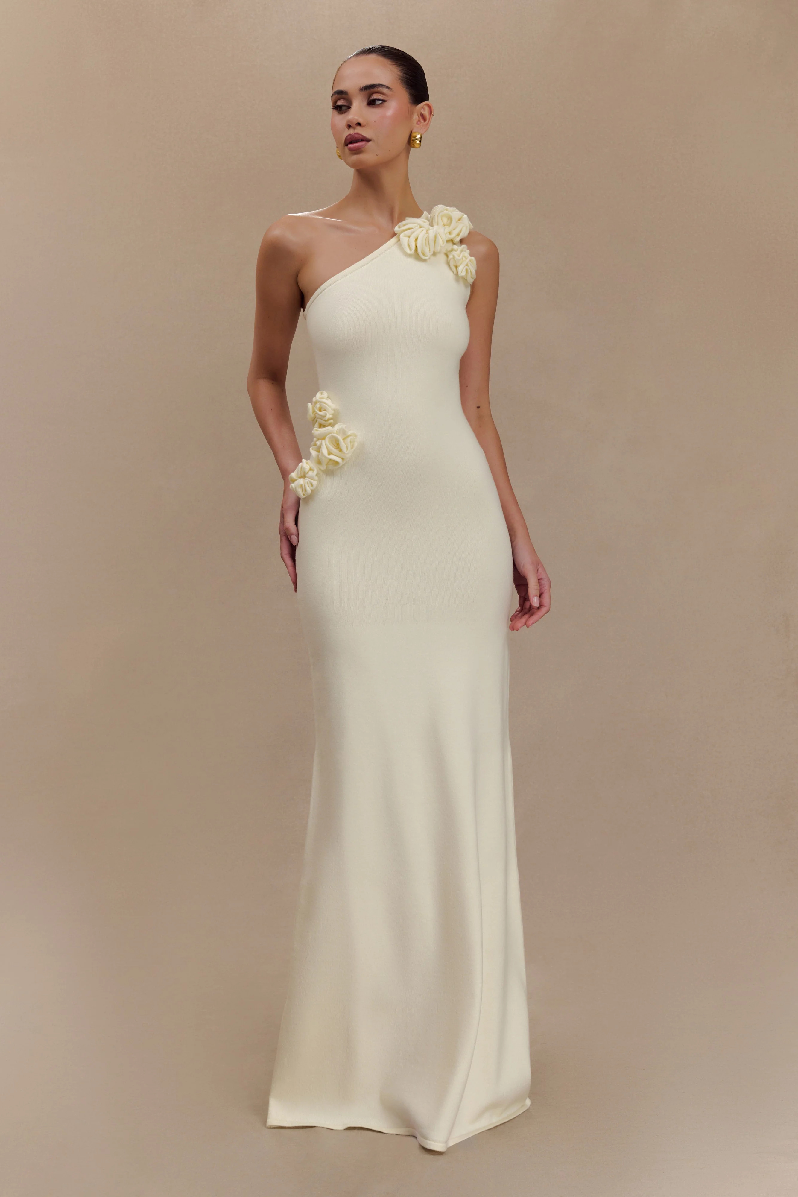 One Shoulder Knit Maxi Dress With Flowers - Ivory | MESHKI US