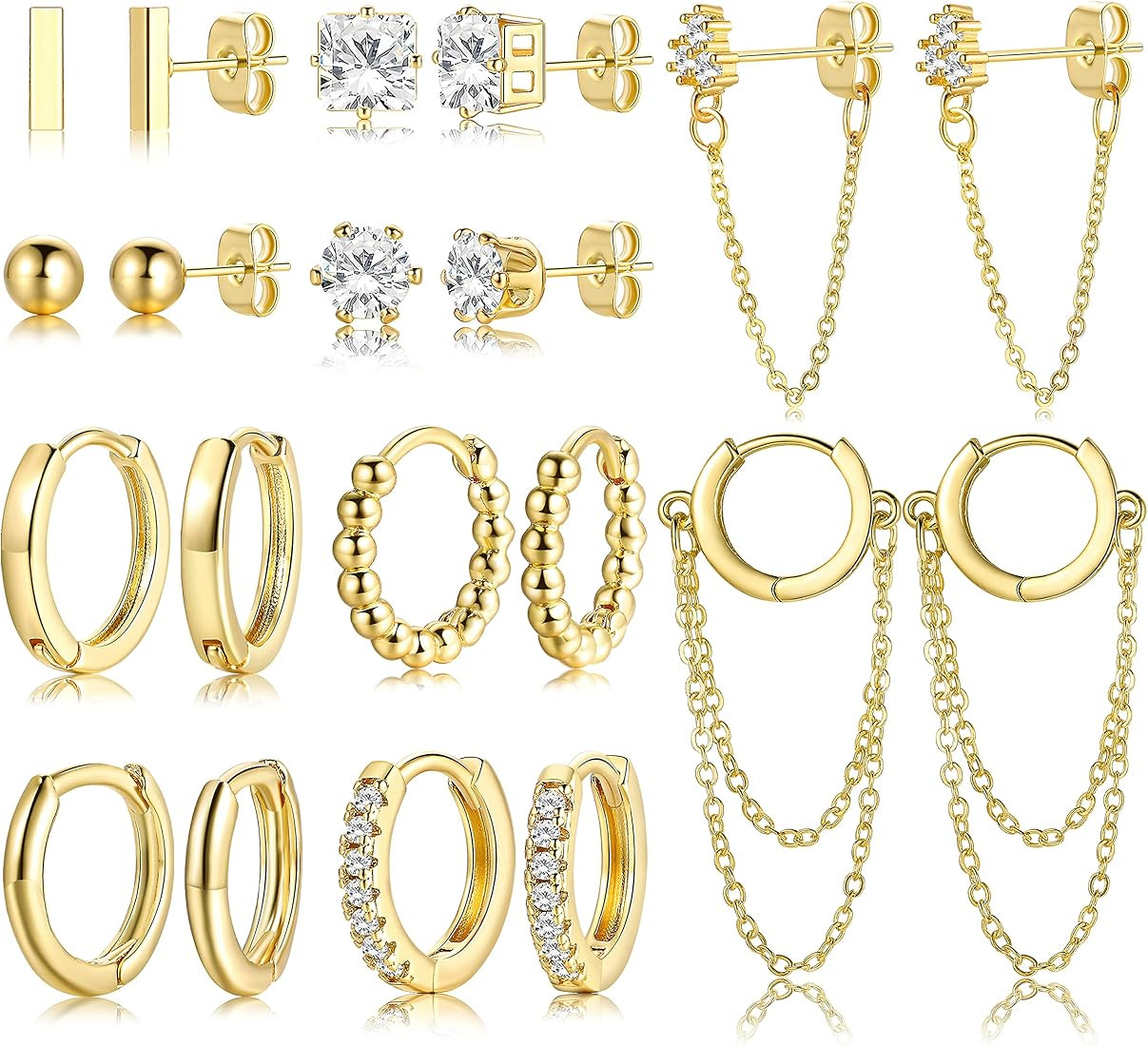 14K Gold Plated Huggie Hoop Studs Earrings Set for Women Girls, Fashion Hypoallergenic Small Dain... | Amazon (US)