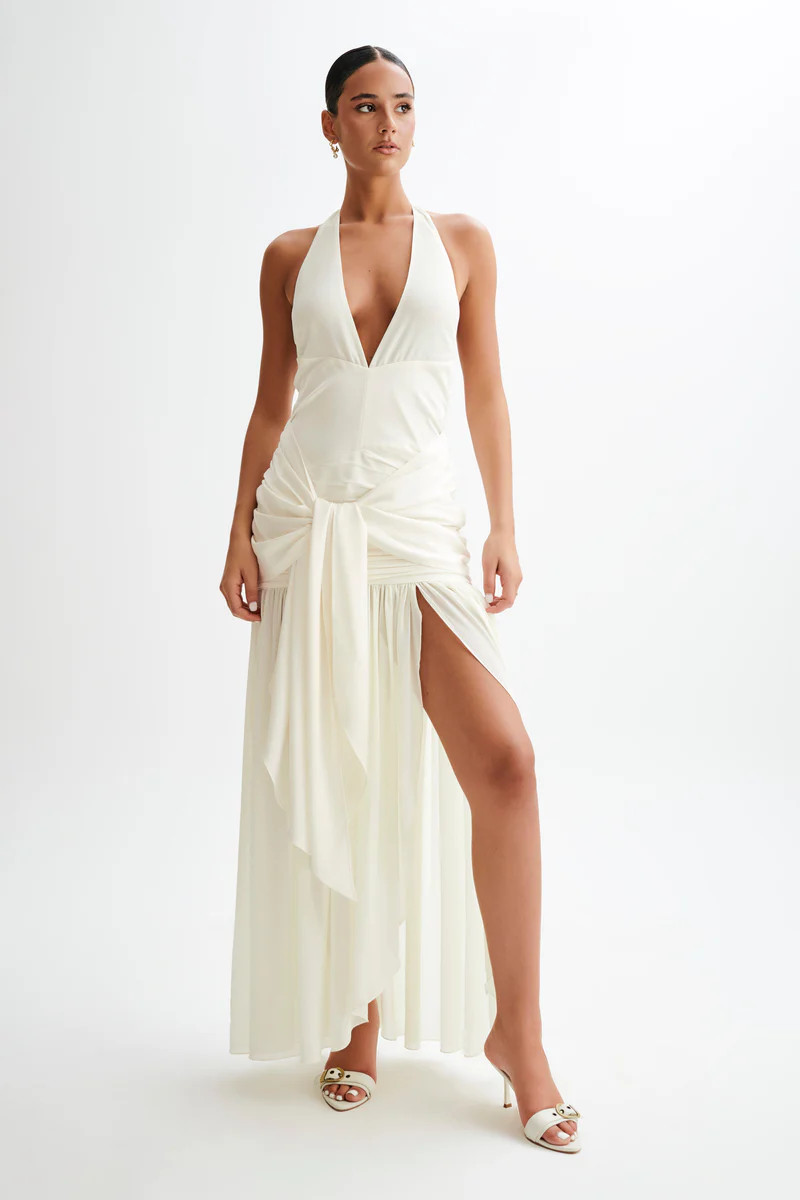 Graziana Satin Chiffon Plunge Maxi Dress - Ivory | MESHKI US