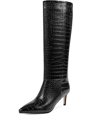 wetkiss Knee High Boots for Women - Pointed Toe Kitten Heel & Crocodile, Side Full Zipper for Eas... | Amazon (US)
