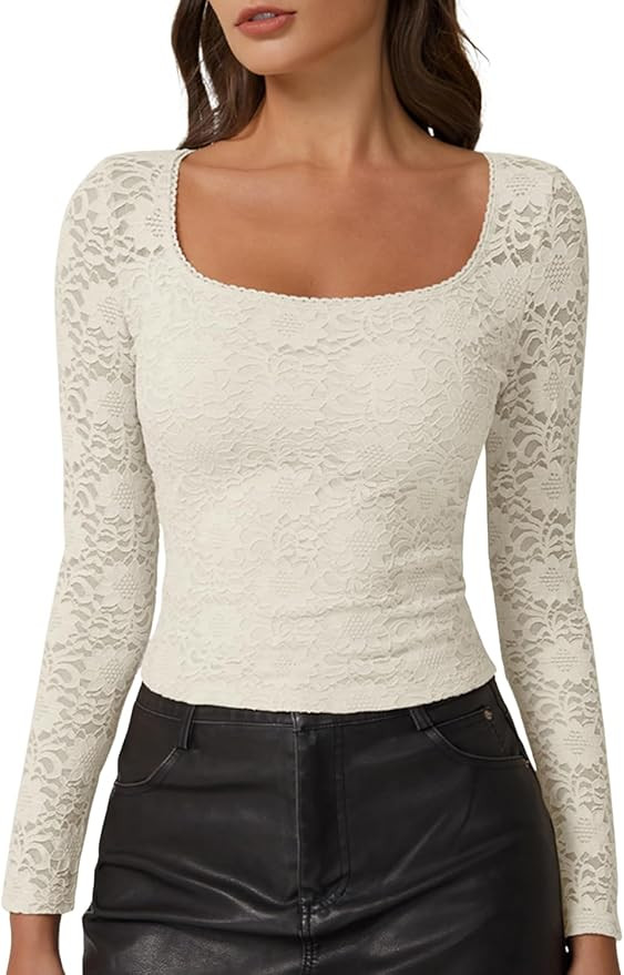 QINSEN Womens Scoop Neck Long Sleeve Lace Trim Tshirts Shirts 2025 Fall Winter Going Out Crop Top... | Amazon (US)