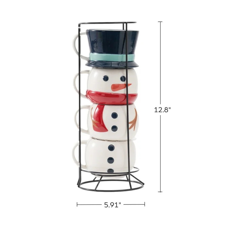 Snowman Stacking Ceramic Mug Set with Rack 12 OZ 5-Piece Holiday Time | Walmart (US)