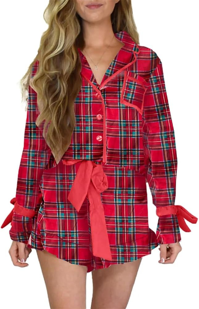 Women Christmas 2 Piece Pajamas Set Y2k Bow Tie Long Sleeve Shirt Wide Leg Pants Cute Print Match... | Amazon (US)