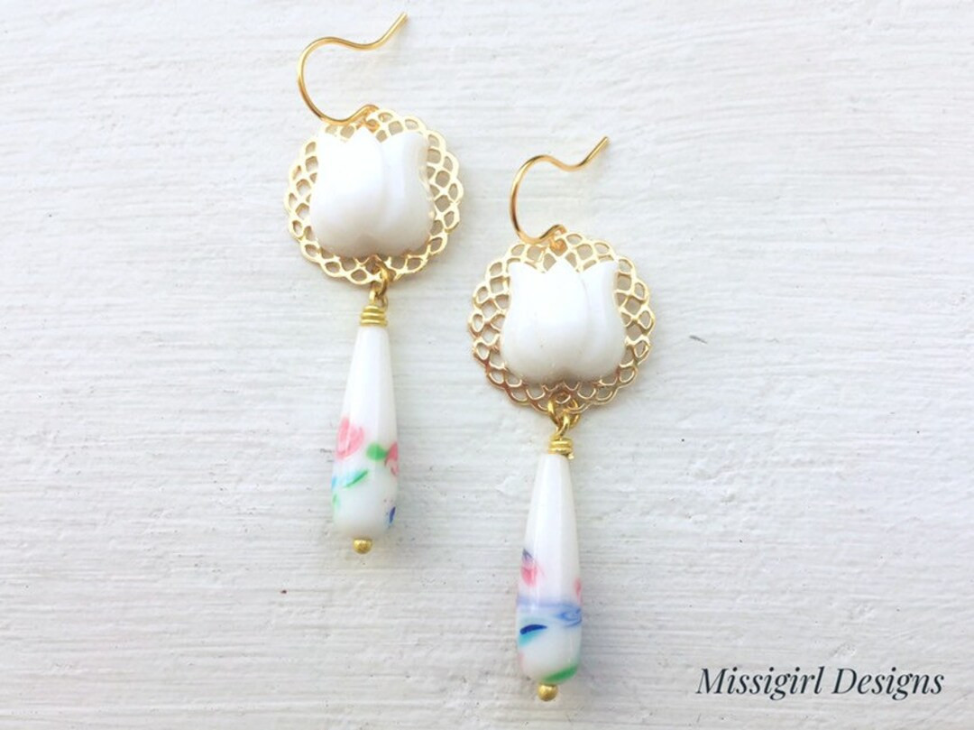 Tulip Earrings,flower Earrings,glass Earrings/white Earrings,gift for Her,vintage Earrings,milk G... | Etsy (US)