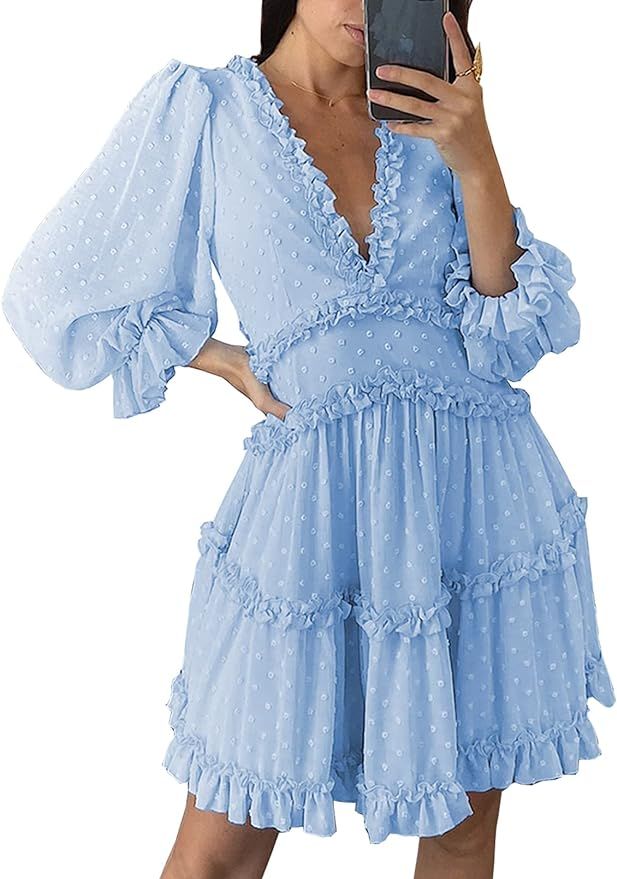 Happy Sailed Womens Fashion Spring Summer Deep V Neck Long Sleeve Ruffle Layer A-Line Swing Mini ... | Amazon (US)