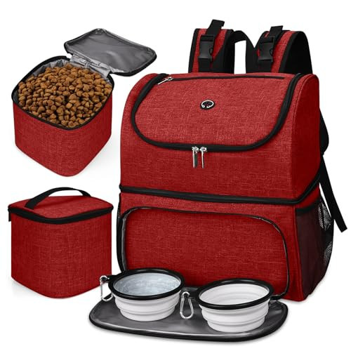 BAGLHER Pet Travel Bag, Double-Layer Pet Supplies Backpack (for All Pet Travel Supplies), Pet Travel Backpack with 2 Silicone Collapsible Bowls and 2 Food Baskets Red | Amazon (US)
