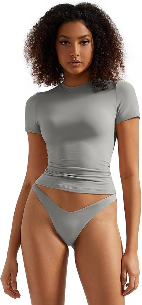 SUUKSESS Women Double Lined Fitted Basic Tee Crew Neck Short Sleeve Y2K Crop Top | Amazon (US)
