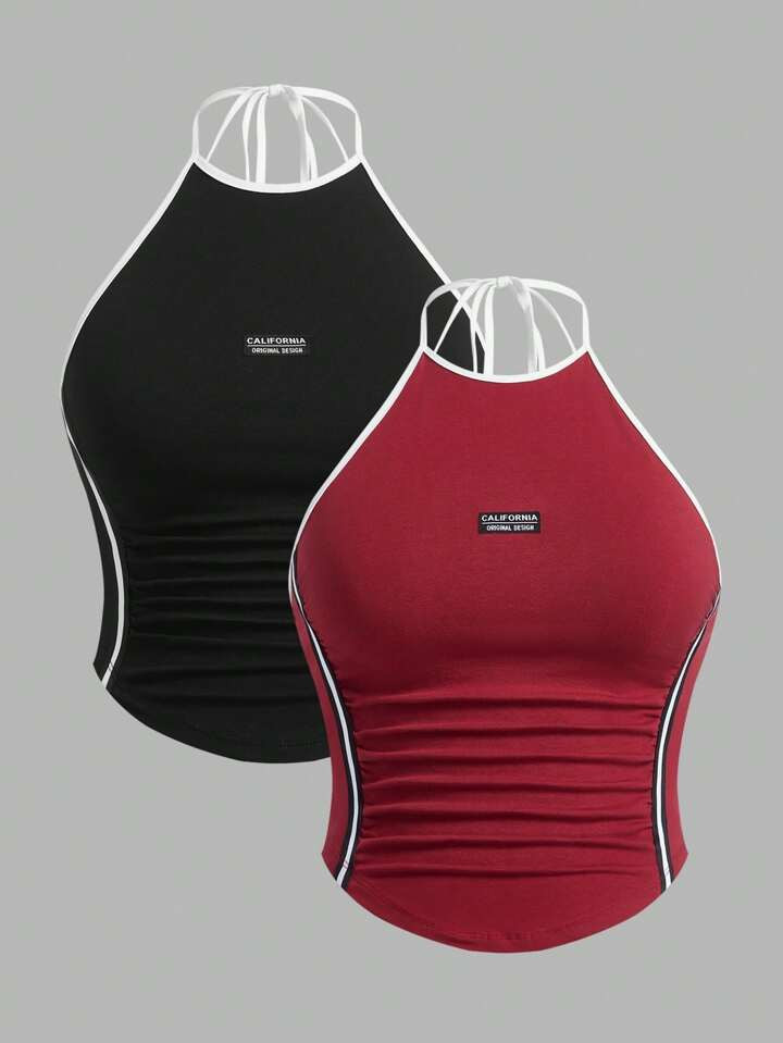 SHEIN ICON Plus Size 2pcs Color Block Striped Side Tie Halter Y2k Top (Pack Of 2) | SHEIN