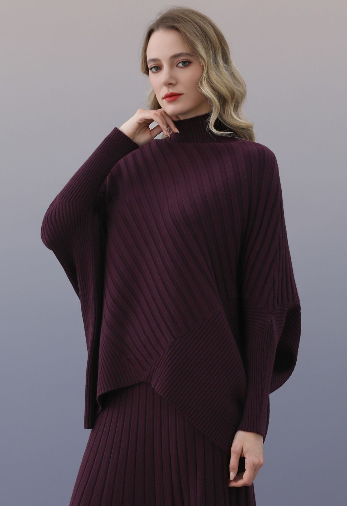 Contrast Ribbed Batwing Sleeve Knit Poncho Sweater in Plum | Chicwish