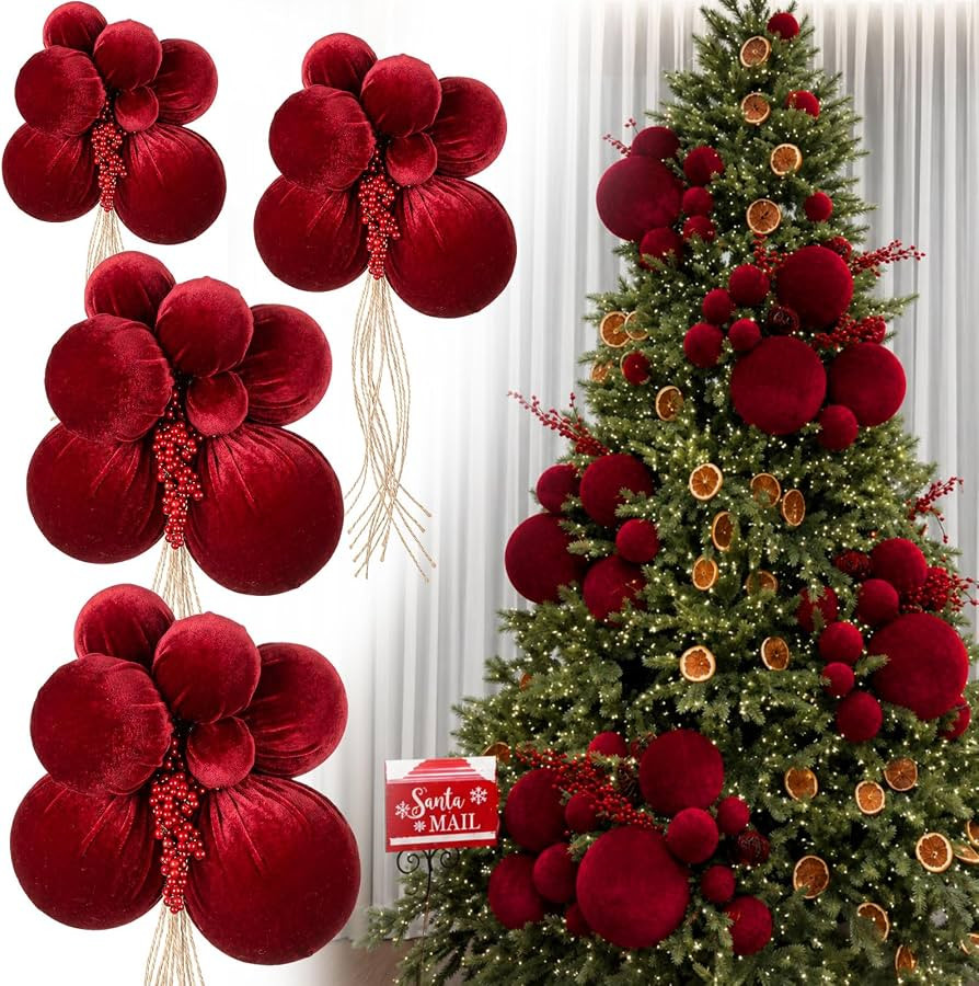 Soulchen 4 Set Large Burgundy Velvet Christmas Ball Ornaments | Amazon (US)