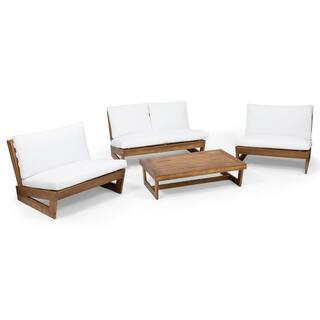 Sherwood Teak Brown 4-Piece Wood Outdoor Patio Conversation Set with White Cushions | The Home Depot