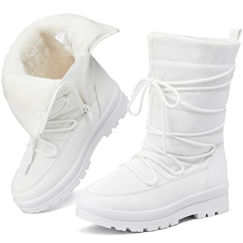 Snow Boots for Women Fur Winter Boots Waterproof Ski Boots Women's Mid Calf Boots Furry White Lace up Boots with Zipper(White.US7.5） | Amazon (US)