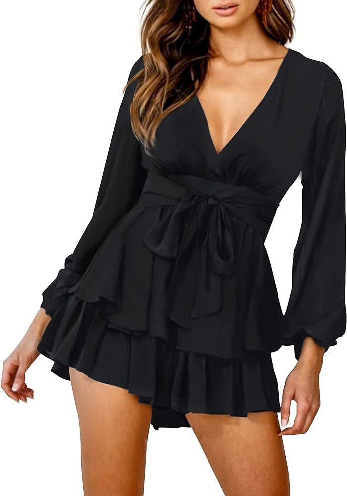 Relipop Women's Jumpsuit Floral Print V Neck Baggy Sleeve Waist Tie Double Layer Ruffle Hem Short... | Amazon (US)