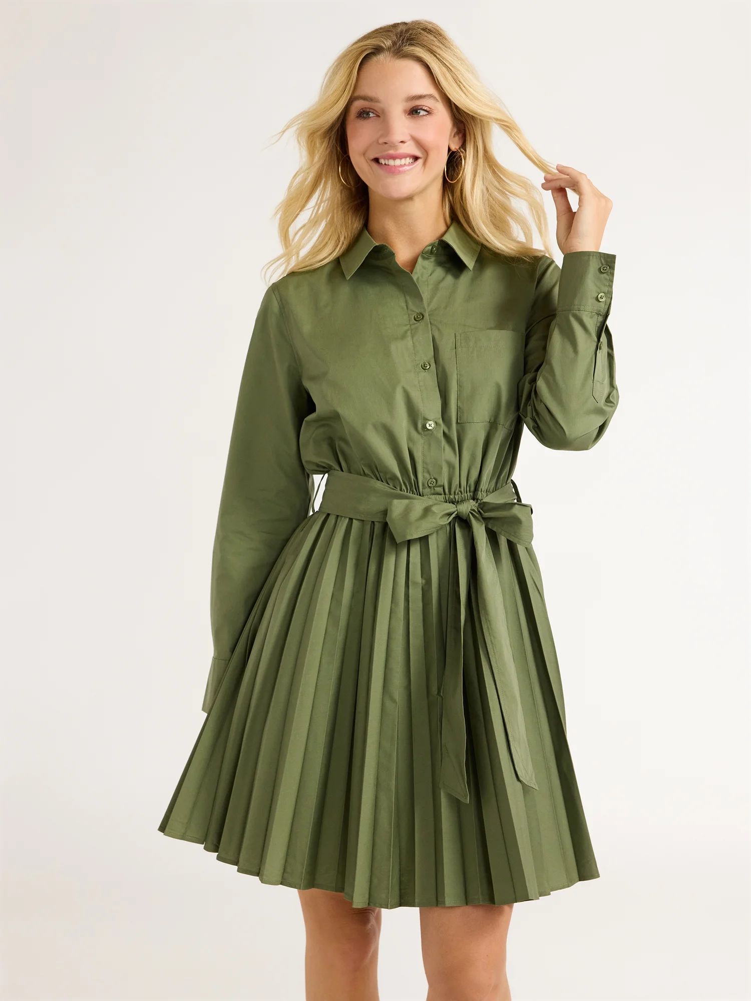 Free Assembly Women’s Pleated Mini Shirtdress with Long Sleeves, Size XS-XXL - Walmart.com | Walmart (US)