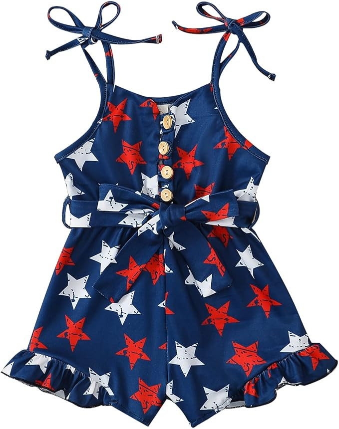 Girls 4th Of July Outfit Toddler Jumpsuit Shorts Star Print Sleeveless Rompers Playsuit + Belt Su... | Amazon (US)