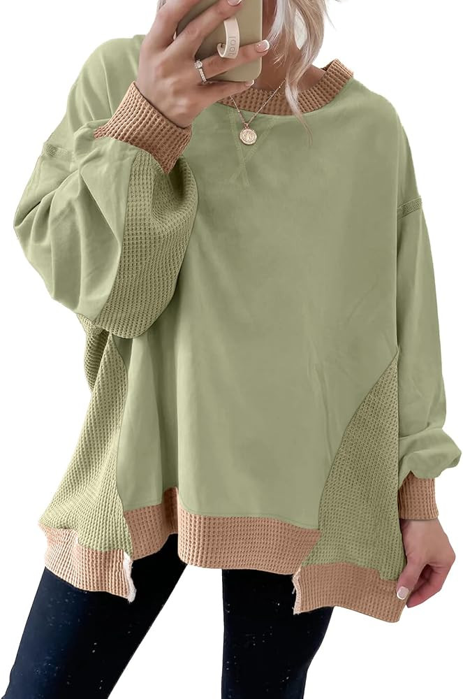 SHEWIN Womens Sweatshirt Crew Neck Waffle Knit Tops Color Block Oversized Long Sleeve Shirts Fall... | Amazon (US)