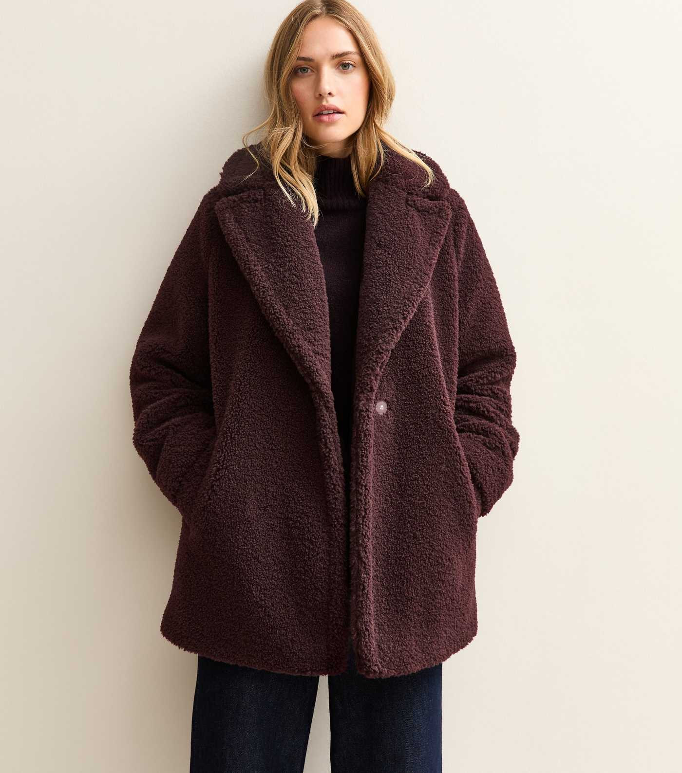 Dark Burgundy Collared Long Sleeve Borg Coat | New Look | New Look (UK)
