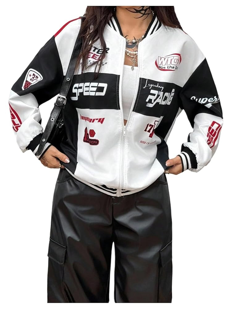 GORGLITTER Women's Racing Jacket Color Block Zip Up Varsity Jacket Oversized Letter Graphic Motor... | Amazon (US)